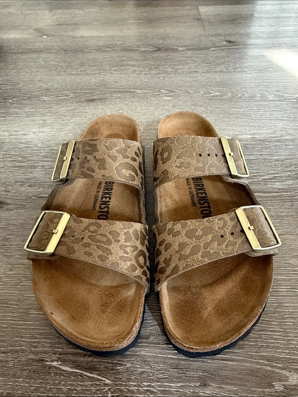 Birkenstock Arizona Leopard Print Sandals - Brown/Tan and olive, size 38